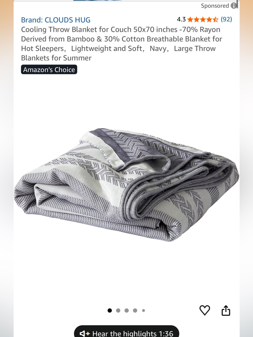 Clouds Hug Navy & White Cooling Throw Blanket